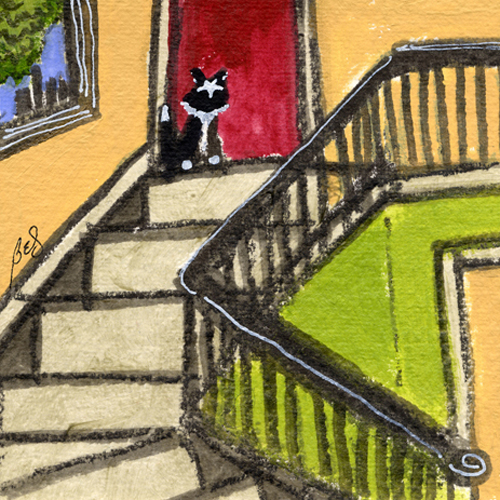 Kitty atop the Stairs